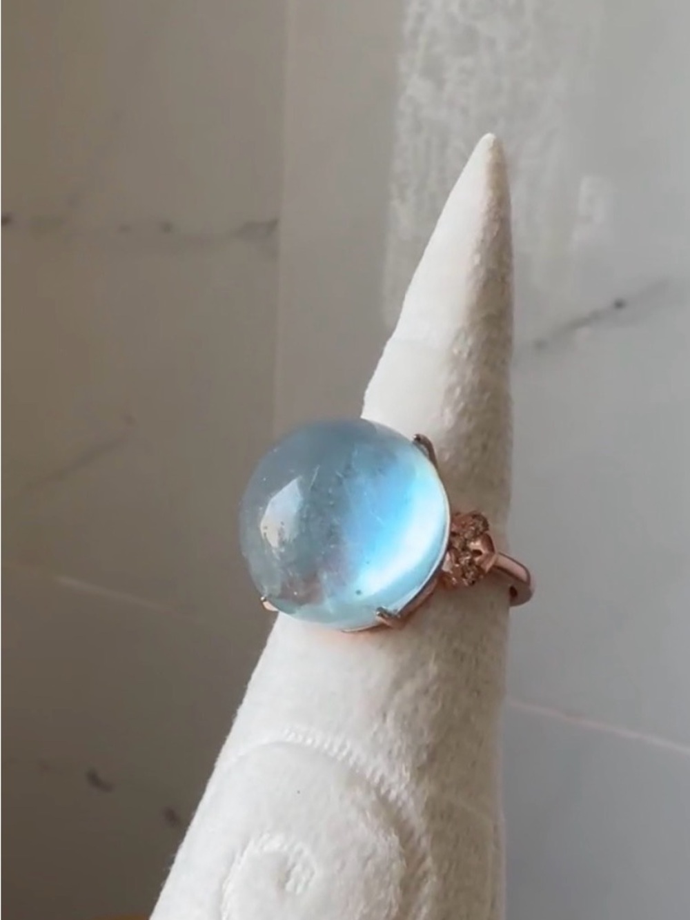 925 rose gold plated blue aquamarine round cabochon ring adjustable size ring